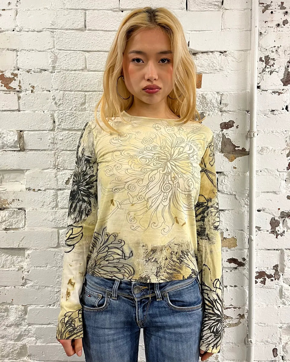 Just Cavalli Asian Ink Flower Beige Longsleeve T-Shirt bYOvOgG 1