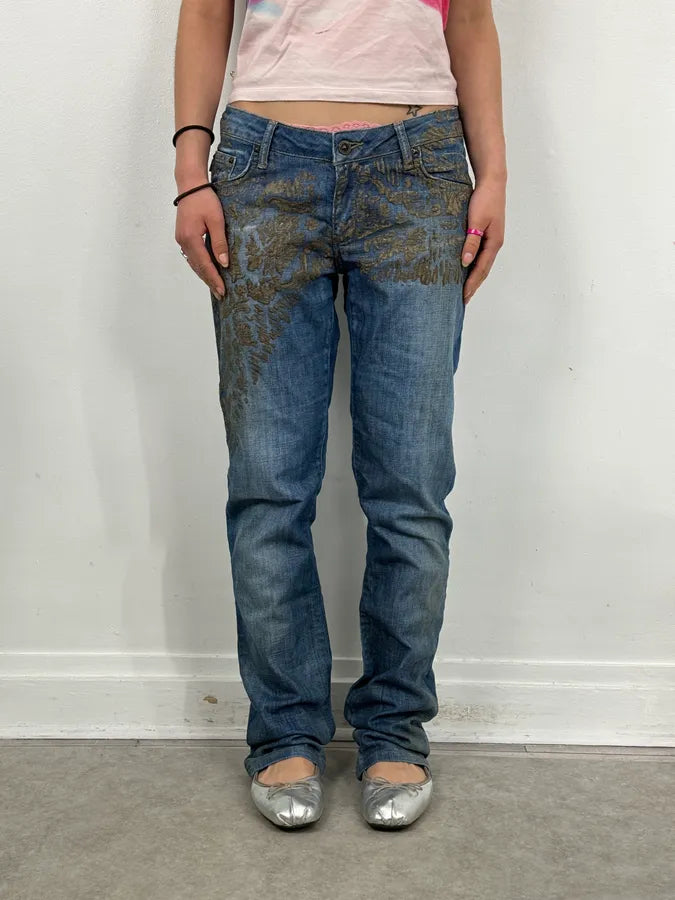 SS2007 Cavalli Baroque Gold Pattern Blue Denim Jeans  ydbKRWk 0