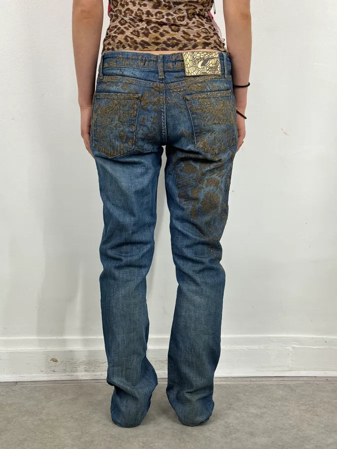 SS2007 Cavalli Baroque Gold Pattern Blue Denim Jeans  ydbKRWk 2