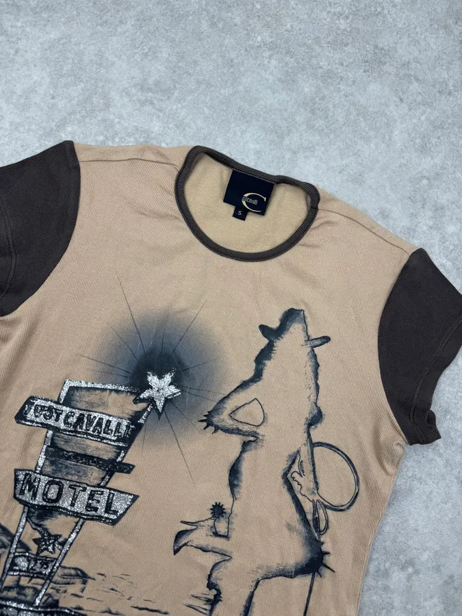 2000s Cavalli Beige & Brown Western Motel T-Shirt BNCXNly 4