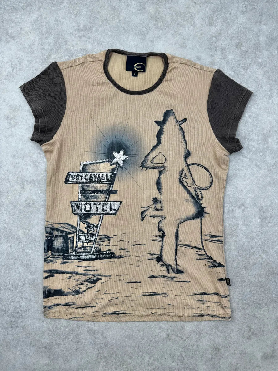 2000s Cavalli Beige & Brown Western Motel T-Shirt BNCXNly 0