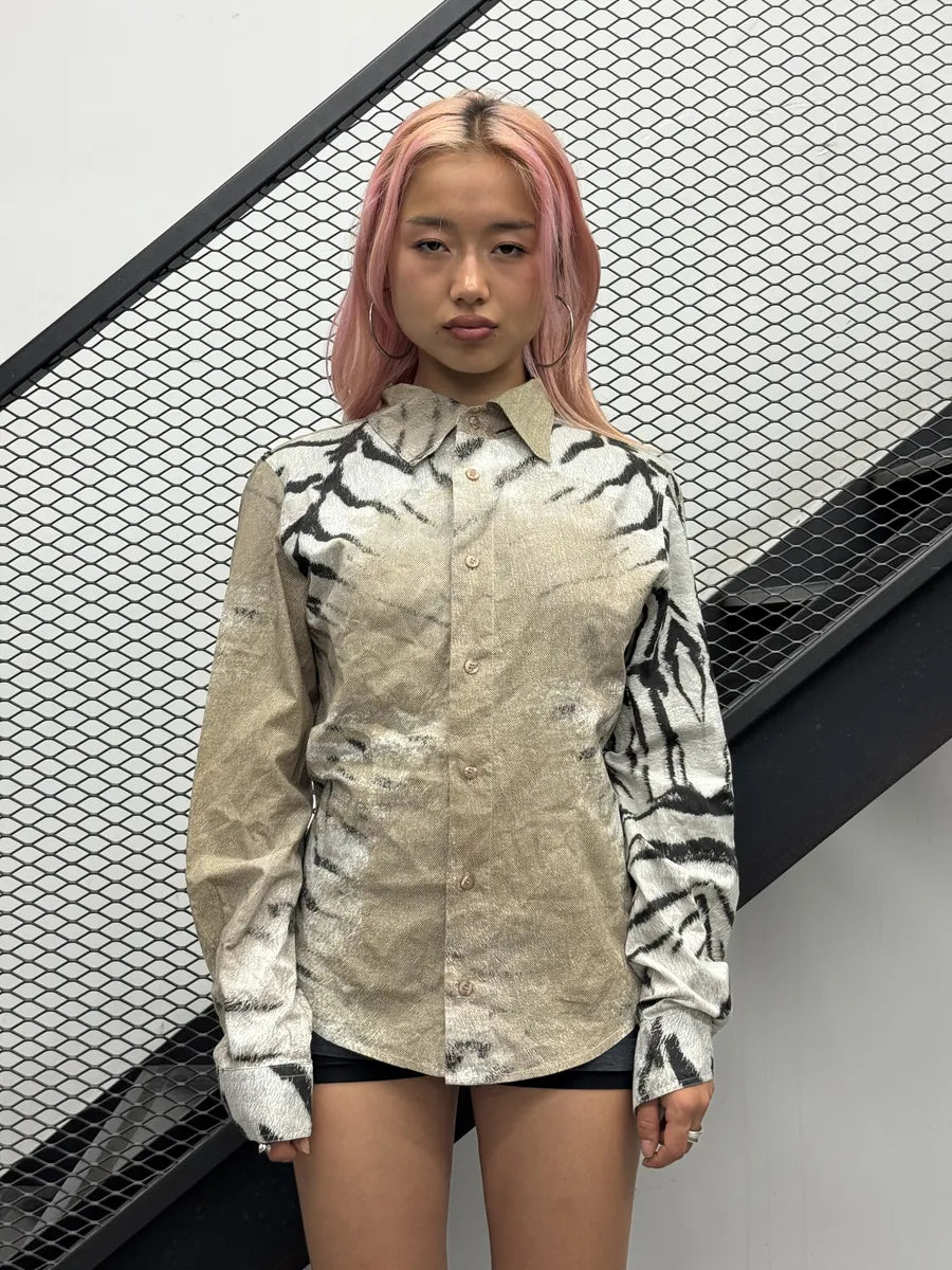 SS2002 Cavalli Faded Beige & White Zebra Savage Shirt LvwbwCX 1