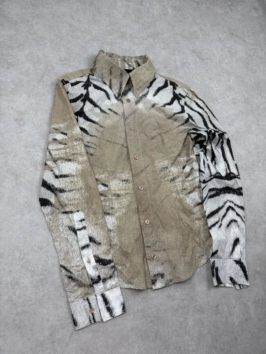 SS2002 Cavalli Faded Beige & White Zebra Savage Shirt LvwbwCX 4