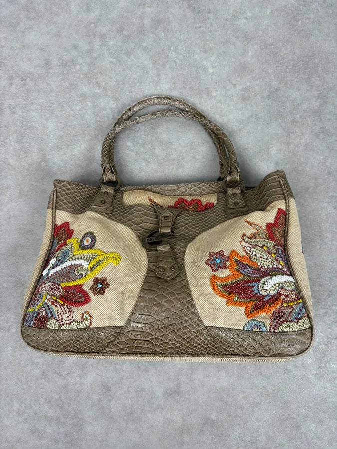 Just Cavalli Beige Python Embroidered Beaded Tote Handbag lauQXhm 3