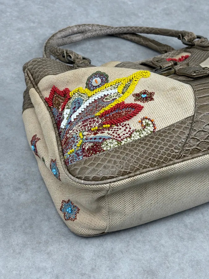 Just Cavalli Beige Python Embroidered Beaded Tote Handbag lauQXhm 4