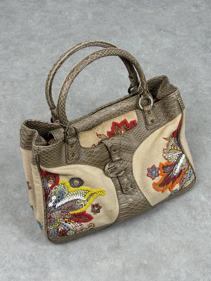 Just Cavalli Beige Python Embroidered Beaded Tote Handbag lauQXhm 0