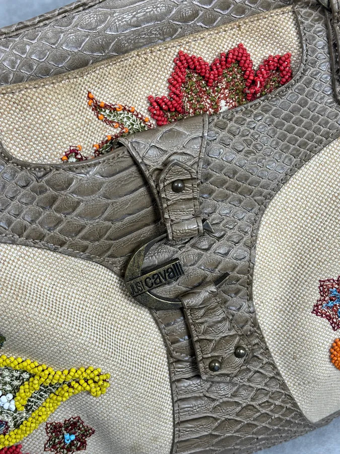 Just Cavalli Beige Python Embroidered Beaded Tote Handbag lauQXhm 9