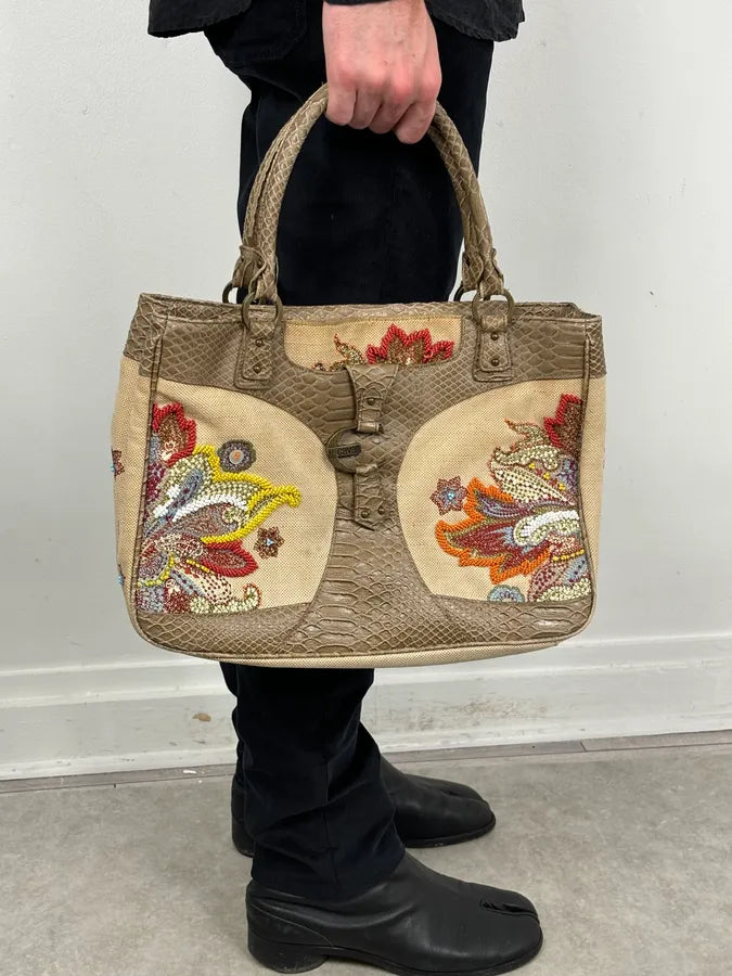 Just Cavalli Beige Python Embroidered Beaded Tote Handbag lauQXhm 1