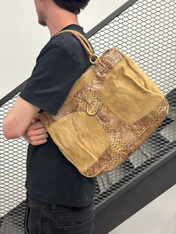 2000s Cavalli Beige Python Leather Faux Fur Handle Bag UERrvyt 2