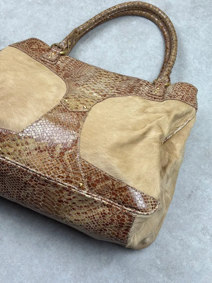 2000s Cavalli Beige Python Leather Faux Fur Handle Bag UERrvyt 10