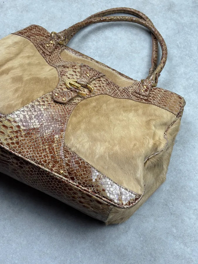2000s Cavalli Beige Python Leather Faux Fur Handle Bag UERrvyt 6
