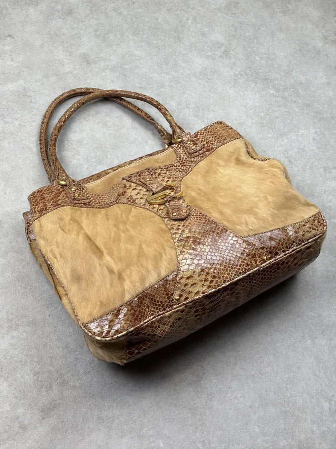 2000s Cavalli Beige Python Leather Faux Fur Handle Bag UERrvyt 4
