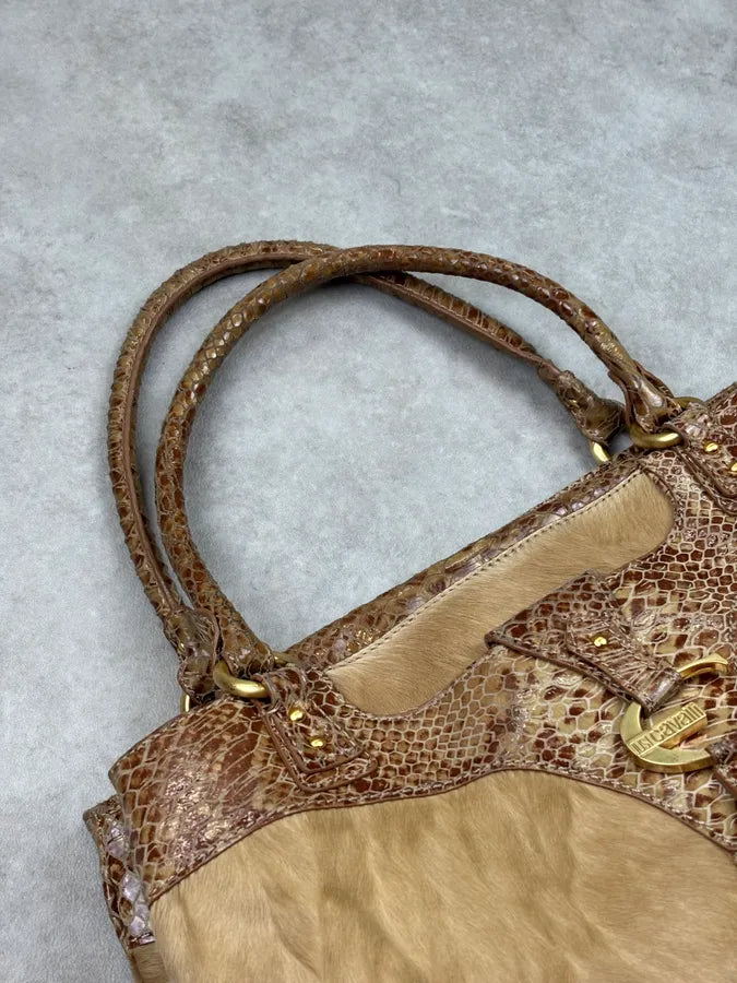 2000s Cavalli Beige Python Leather Faux Fur Handle Bag UERrvyt 7