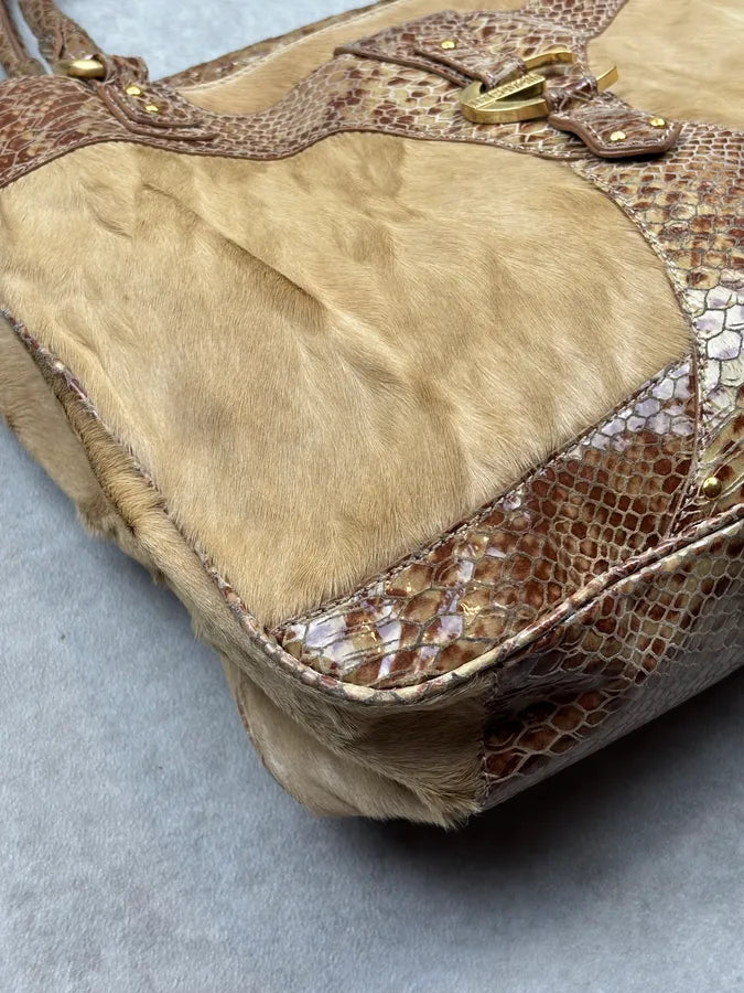 2000s Cavalli Beige Python Leather Faux Fur Handle Bag UERrvyt 5