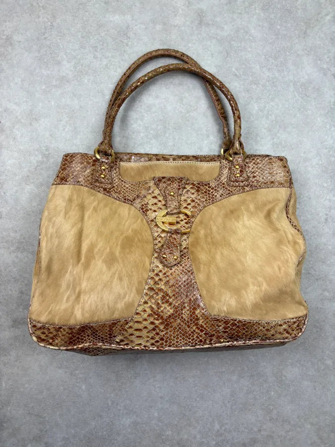 2000s Cavalli Beige Python Leather Faux Fur Handle Bag UERrvyt 3