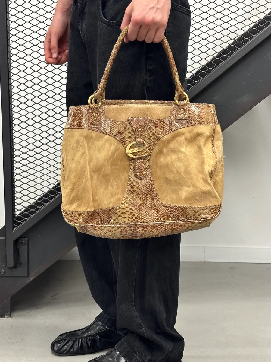 2000s Cavalli Beige Python Leather Faux Fur Handle Bag UERrvyt 1