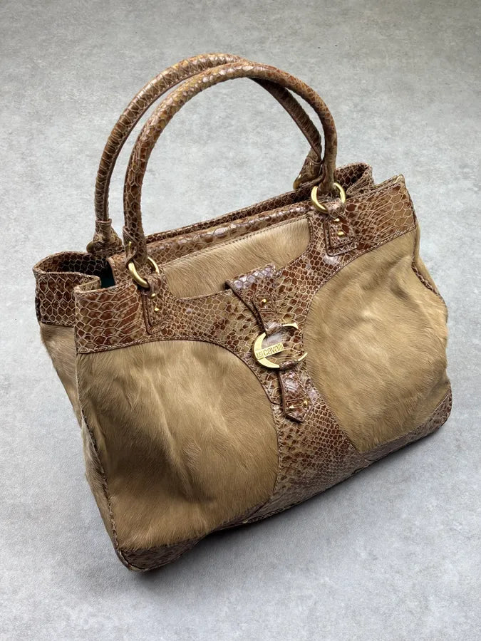 2000s Cavalli Beige Python Leather Faux Fur Handle Bag UERrvyt 0