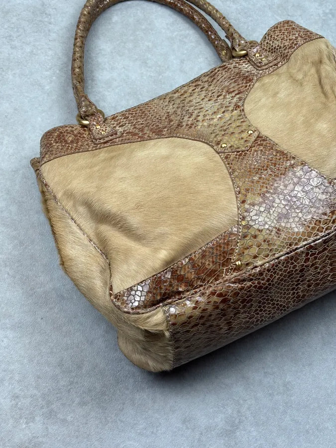 2000s Cavalli Beige Python Leather Faux Fur Handle Bag UERrvyt 11