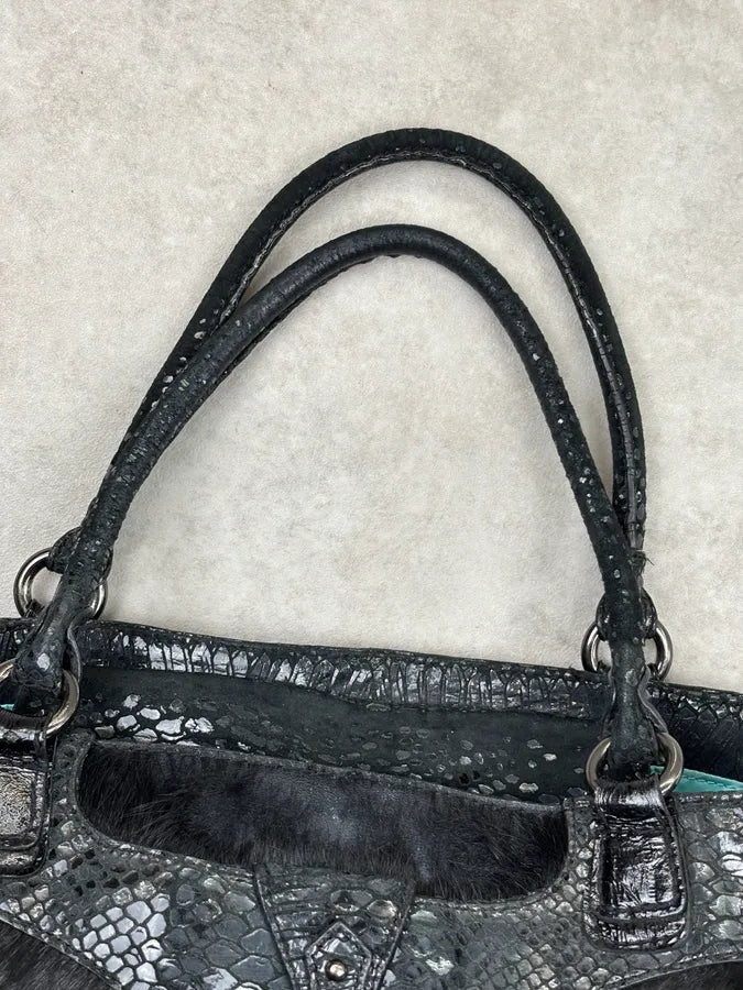 AW2008 Cavalli Black Faux Fur Python Embossed Leather Handle Bag iKUxSac 10