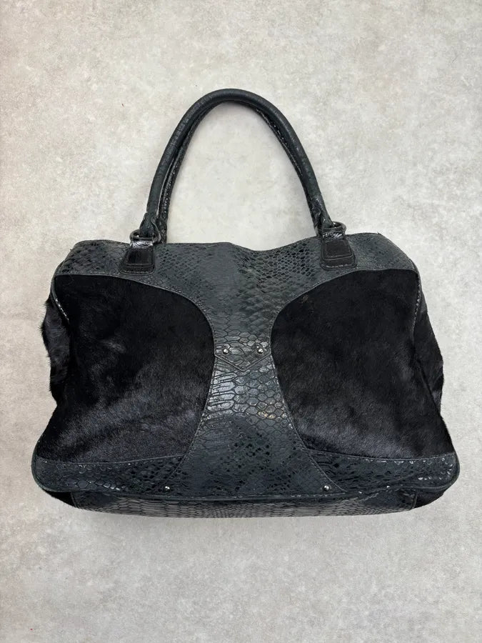 AW2008 Cavalli Black Faux Fur Python Embossed Leather Handle Bag iKUxSac 7