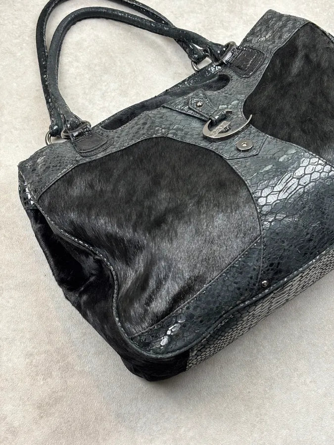 AW2008 Cavalli Black Faux Fur Python Embossed Leather Handle Bag iKUxSac 5