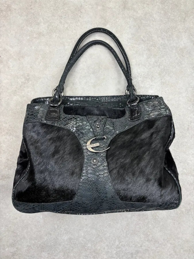 AW2008 Cavalli Black Faux Fur Python Embossed Leather Handle Bag iKUxSac 3