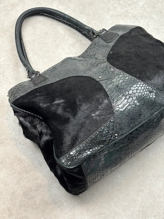 AW2008 Cavalli Black Faux Fur Python Embossed Leather Handle Bag iKUxSac 8