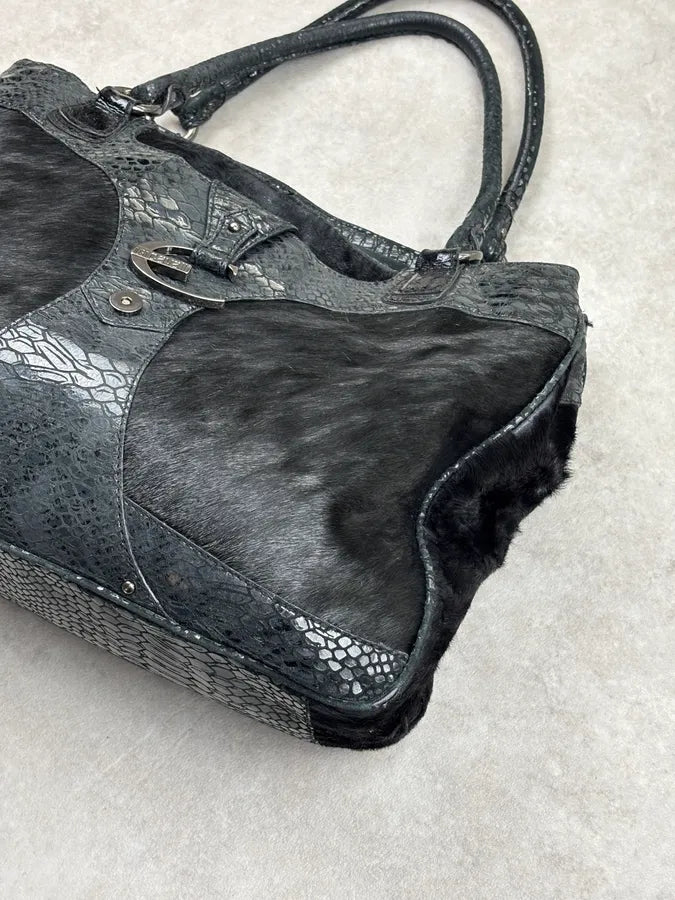 AW2008 Cavalli Black Faux Fur Python Embossed Leather Handle Bag iKUxSac 6