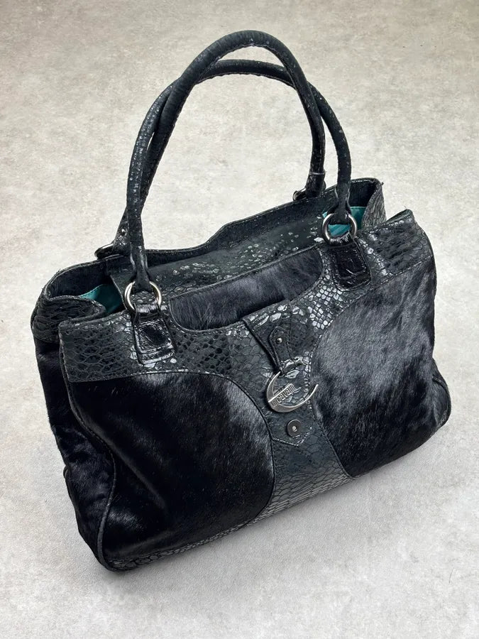 AW2008 Cavalli Black Faux Fur Python Embossed Leather Handle Bag iKUxSac 0