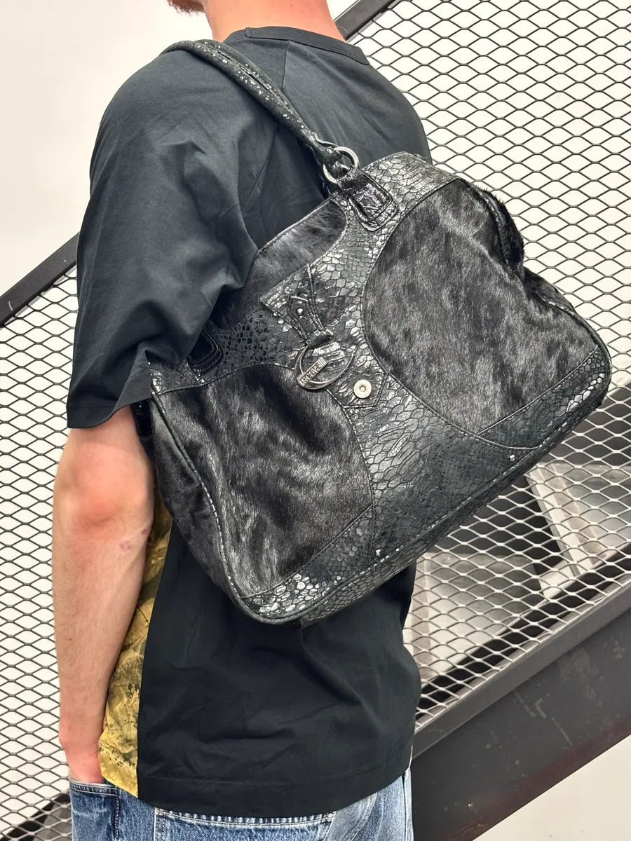AW2008 Cavalli Black Faux Fur Python Embossed Leather Handle Bag iKUxSac 1