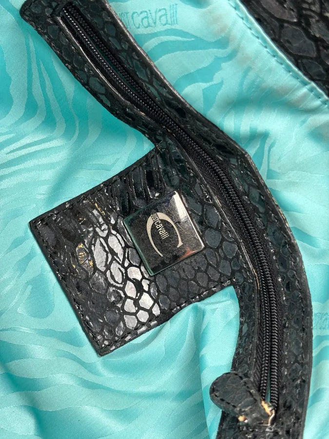 AW2008 Cavalli Black Faux Fur Python Embossed Leather Handle Bag iKUxSac 13