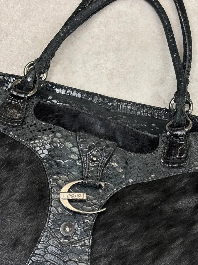 AW2008 Cavalli Black Faux Fur Python Embossed Leather Handle Bag iKUxSac 4