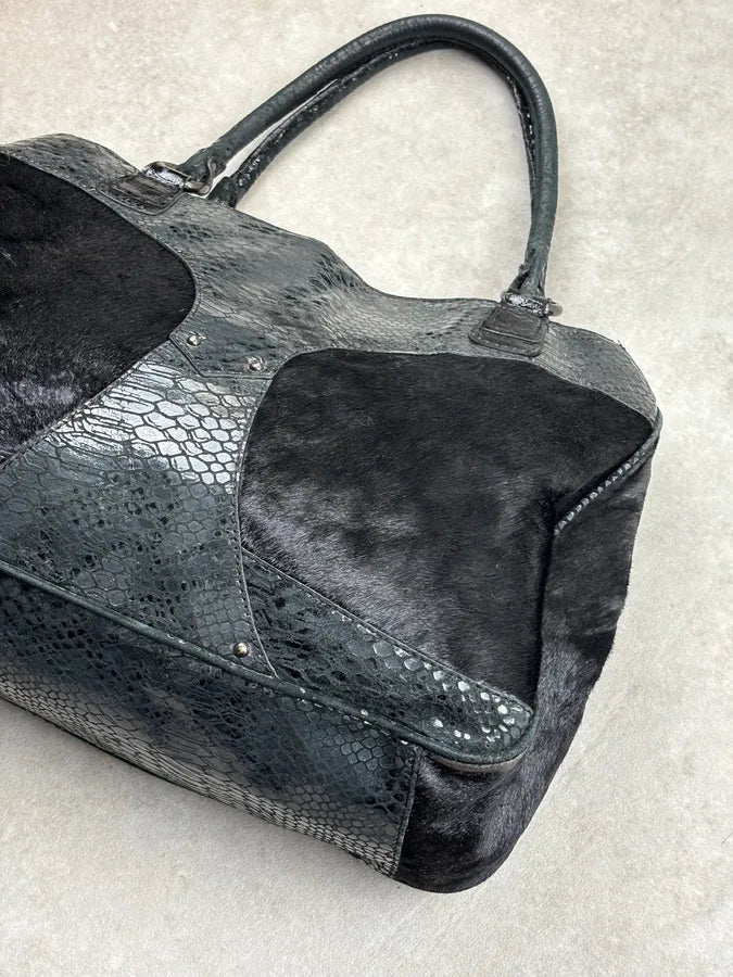 AW2008 Cavalli Black Faux Fur Python Embossed Leather Handle Bag iKUxSac 9