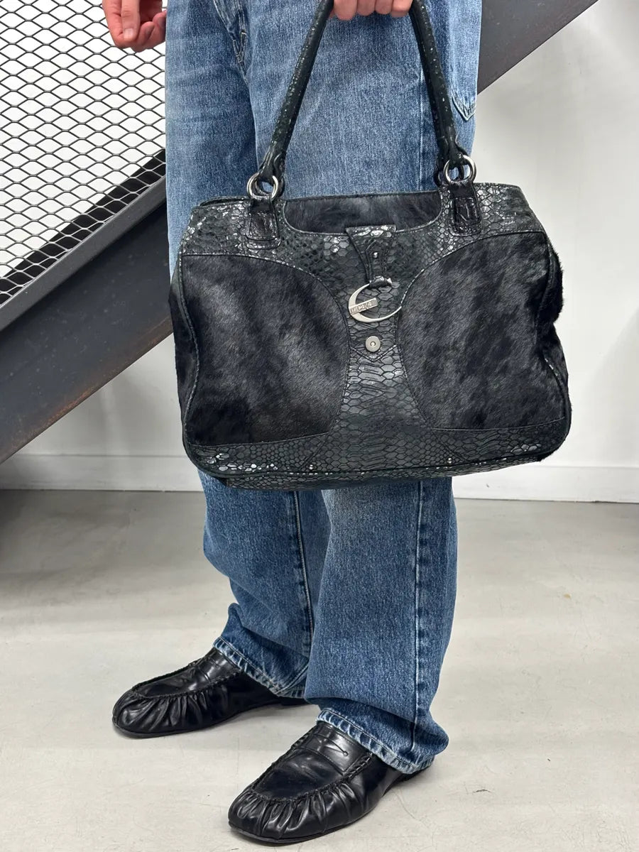 AW2008 Cavalli Black Faux Fur Python Embossed Leather Handle Bag iKUxSac 2