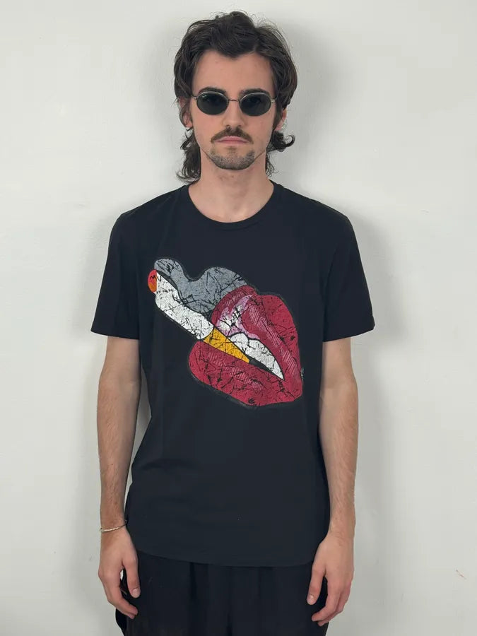 SS2016 Cavalli Black Smoke Kiss Graphic T-Shirt QBnbevB 1