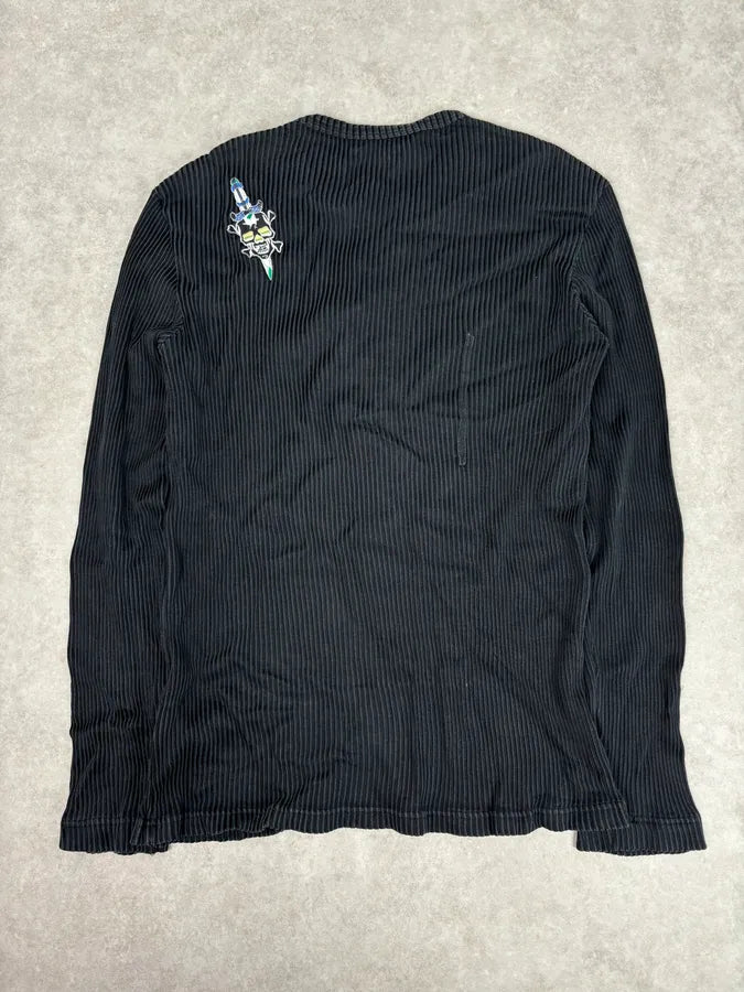 AW2004 Cavalli Black Henley Ribbed Embroidered Skull Longsleeve mfwBnoW 4