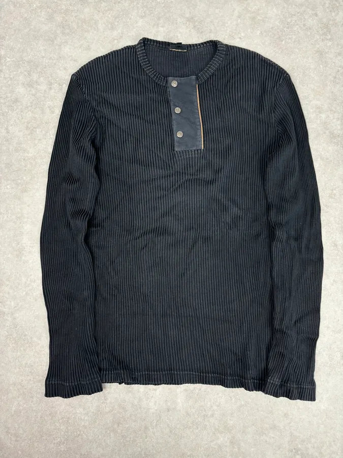 AW2004 Cavalli Black Henley Ribbed Embroidered Skull Longsleeve mfwBnoW 0