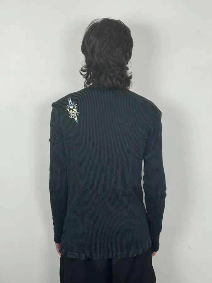 AW2004 Cavalli Black Henley Ribbed Embroidered Skull Longsleeve mfwBnoW 2