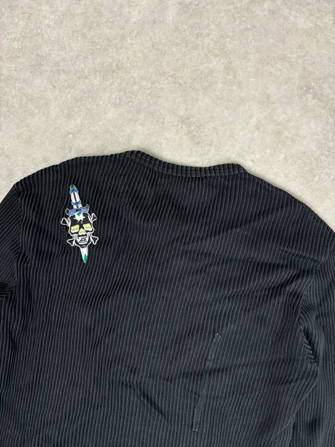 AW2004 Cavalli Black Henley Ribbed Embroidered Skull Longsleeve mfwBnoW 5