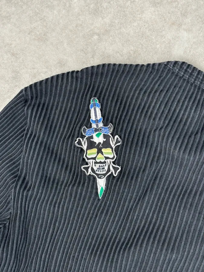 AW2004 Cavalli Black Henley Ribbed Embroidered Skull Longsleeve mfwBnoW 8