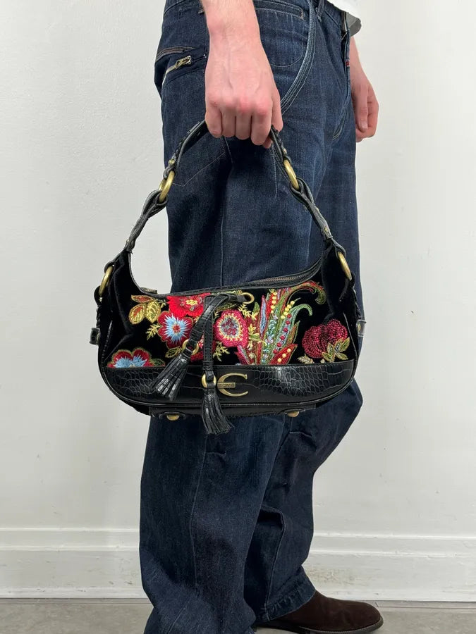 2000s Cavalli Black Embroidered Floral Hobo Bag  OrWgOZU 2