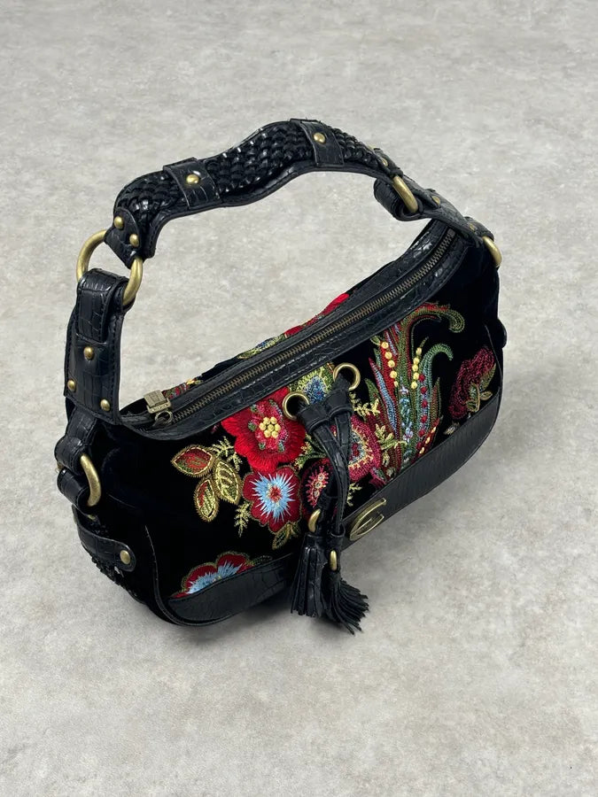 2000s Cavalli Black Embroidered Floral Hobo Bag  OrWgOZU 0