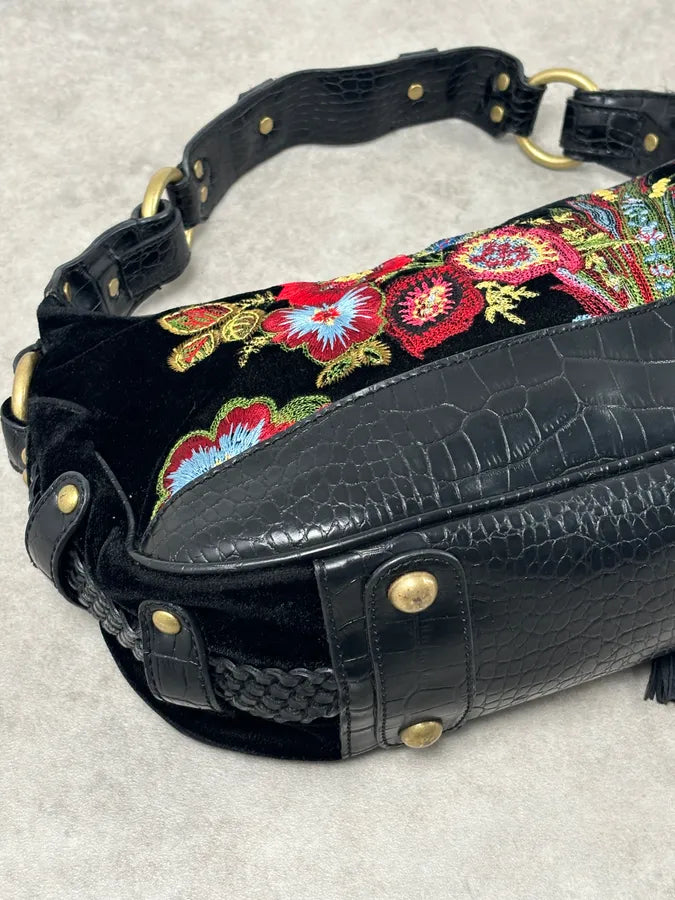 2000s Cavalli Black Embroidered Floral Hobo Bag  OrWgOZU 8