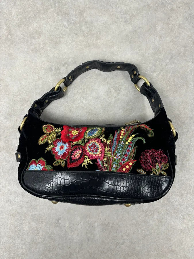2000s Cavalli Black Embroidered Floral Hobo Bag  OrWgOZU 6