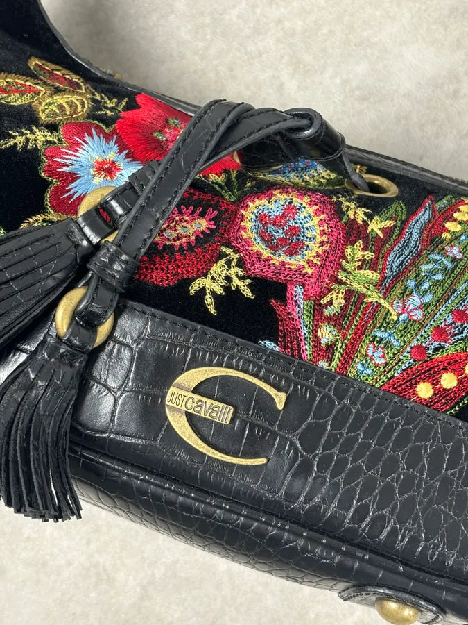 2000s Cavalli Black Embroidered Floral Hobo Bag  OrWgOZU 5