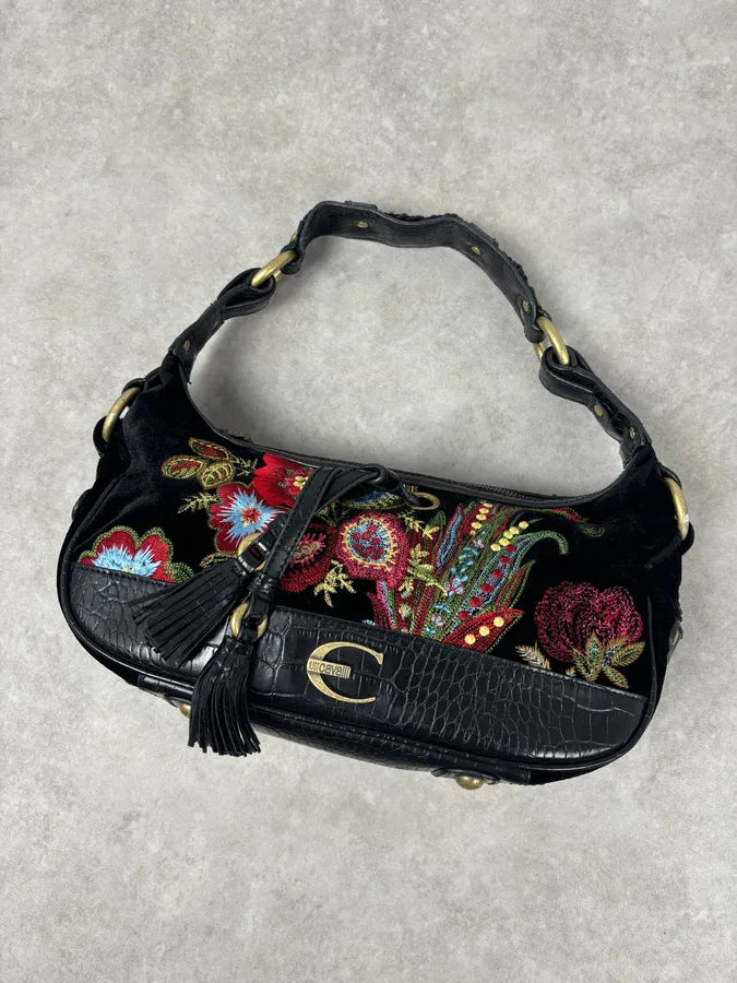 2000s Cavalli Black Embroidered Floral Hobo Bag  OrWgOZU 4