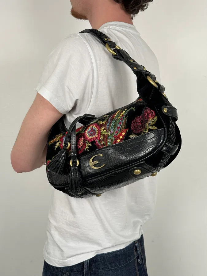 2000s Cavalli Black Embroidered Floral Hobo Bag  OrWgOZU 3
