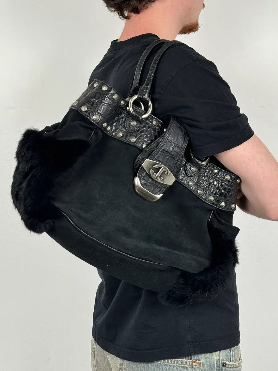 2000s Cavalli Black Leather Crocodile Embossed Fur Handle Bag BaABNNT 3