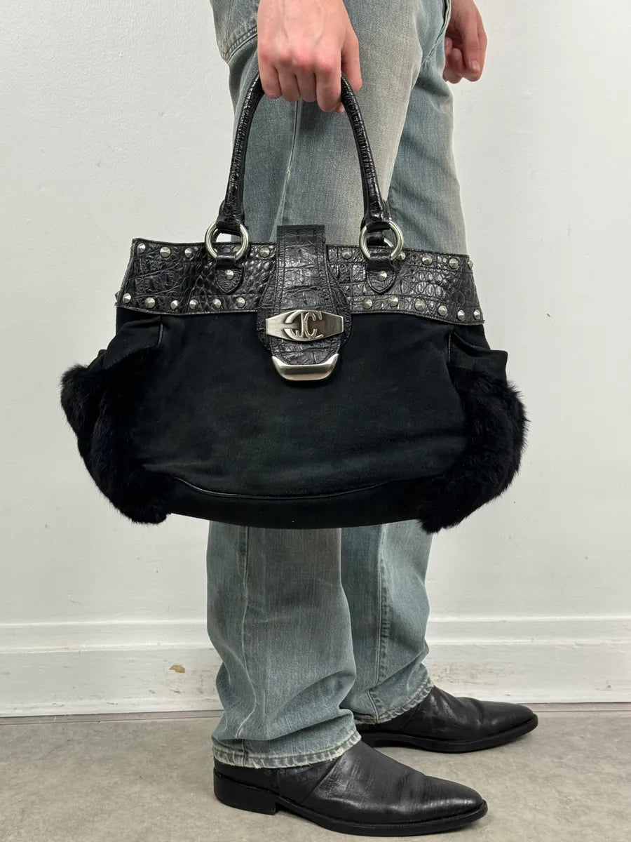 2000s Cavalli Black Leather Crocodile Embossed Fur Handle Bag BaABNNT 1
