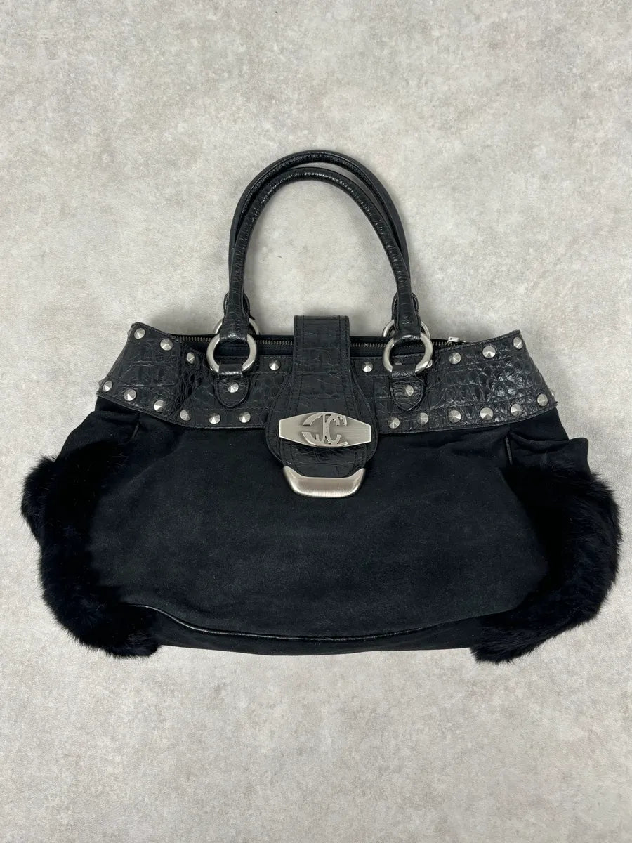 2000s Cavalli Black Leather Crocodile Embossed Fur Handle Bag BaABNNT 0
